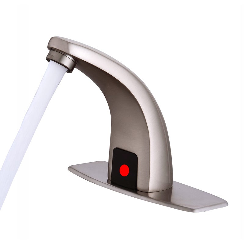 Fyeer Automatic Touchless Bathroom Faucet, Motion Sensor Activated Hands Free Brush Nickle Sensor Mixer with Deck Plate - Image 1